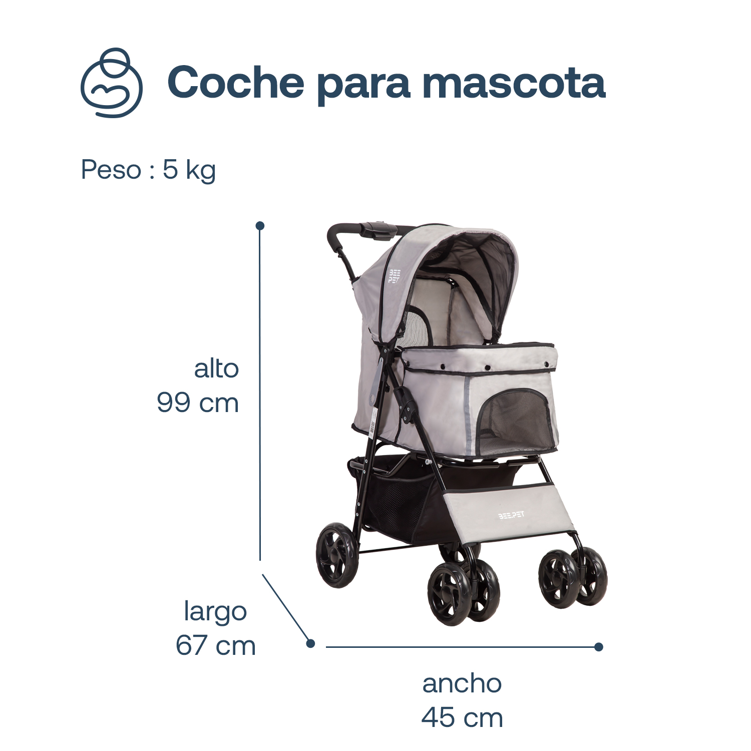 COCHE MASCOTA PLEGABLE PRO PERRO GATO GRIS BEEPET BEBESIT - 6