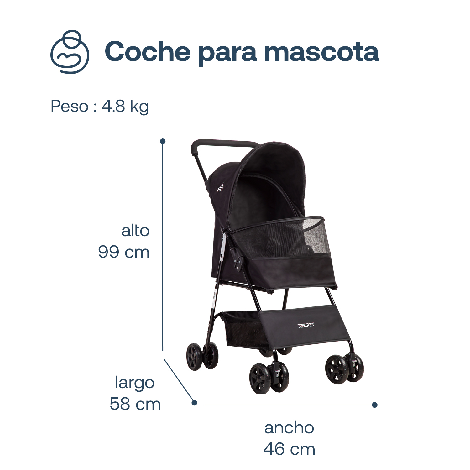 COCHE MASCOTA PLEGABLE LIGHT PERRO GATO EN COLOR NEGRO BEEPET BEBESIT - 6