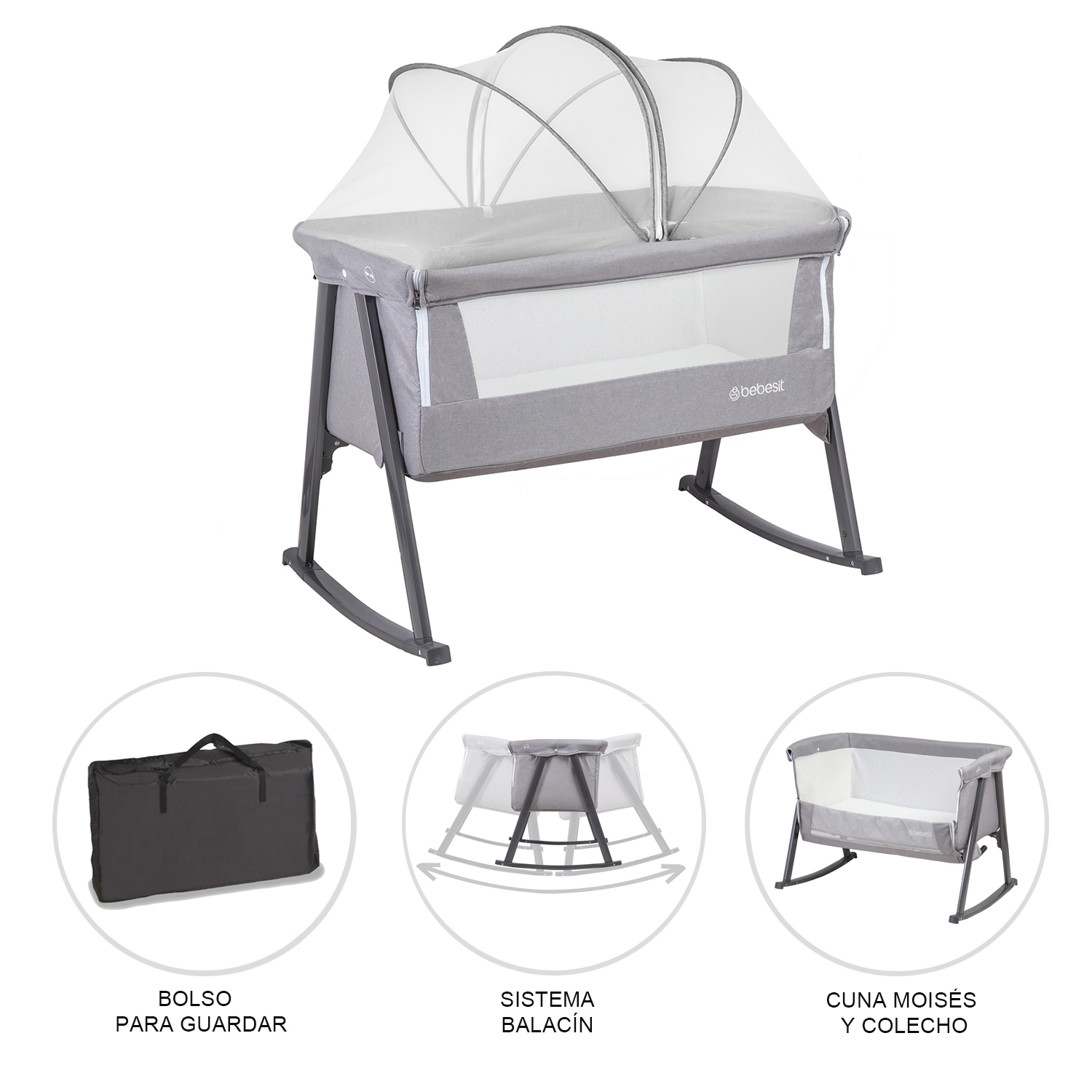 CUNA MOISE S BALANCIN CON MOSQUITERO GRIS BEBESIT - 4