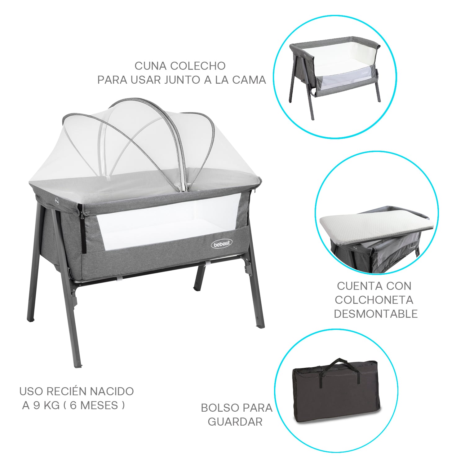 CUNA COLECHO EASY LX CON MOSQUITERO GRIS - 5