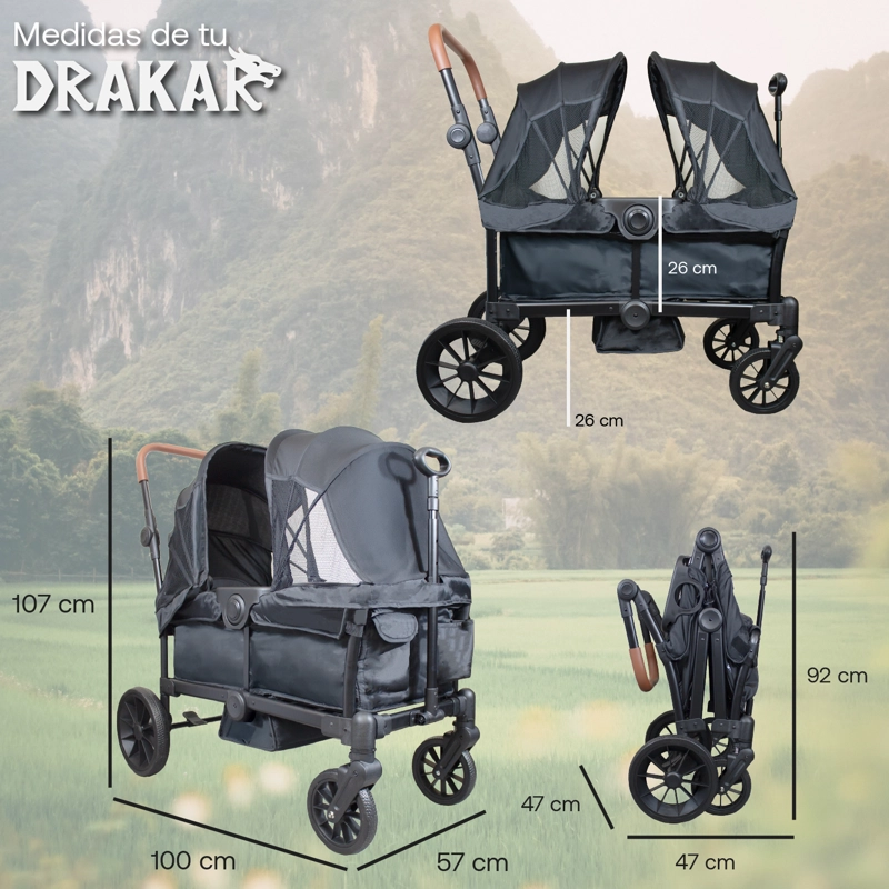 COCHE Y CARRO DE PASEO DOBLE WAGON DRAKAR NEGRO - 8