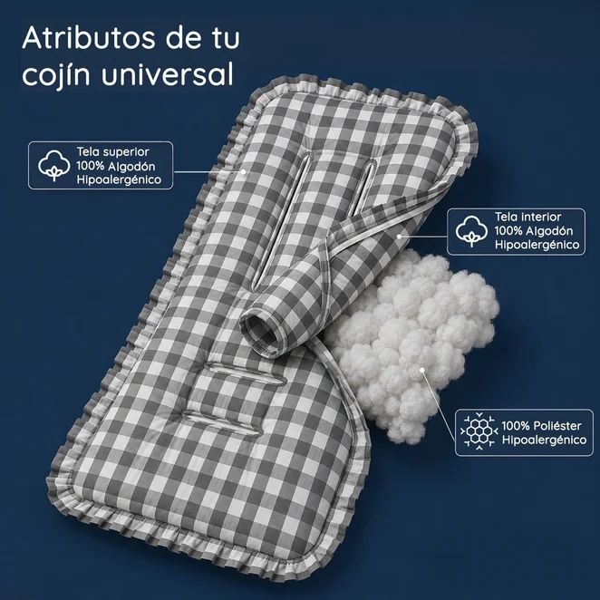 COJIN UNIVERSAL COCHE PASEO DISEÑO CUADROS GRIS 40 X 80 CM - 3