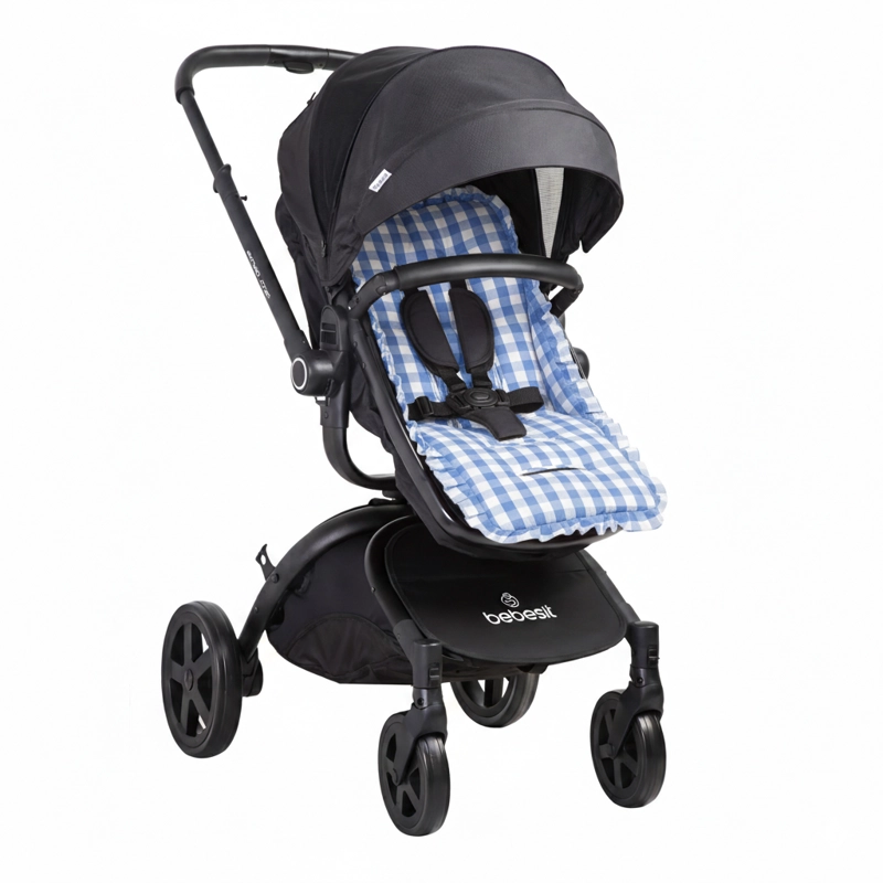 COJIN UNIVERSAL COCHE PASEO DISEÑO CUADROS CELESTE 40 X80 CM - 2