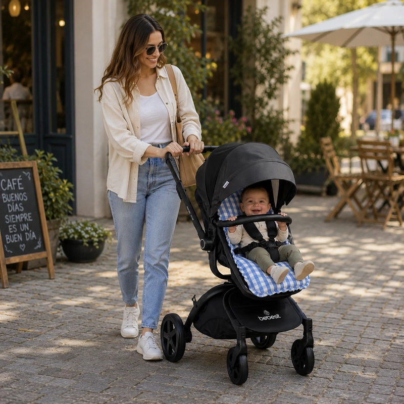 COJIN UNIVERSAL COCHE PASEO DISEÑO CUADROS CELESTE 40 X80 CM - 5