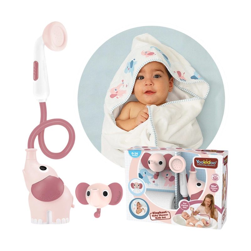 SET DE BAÑO DUCHA ELEFANTE Y TOALLA ROSA YOOKIDOO - 1