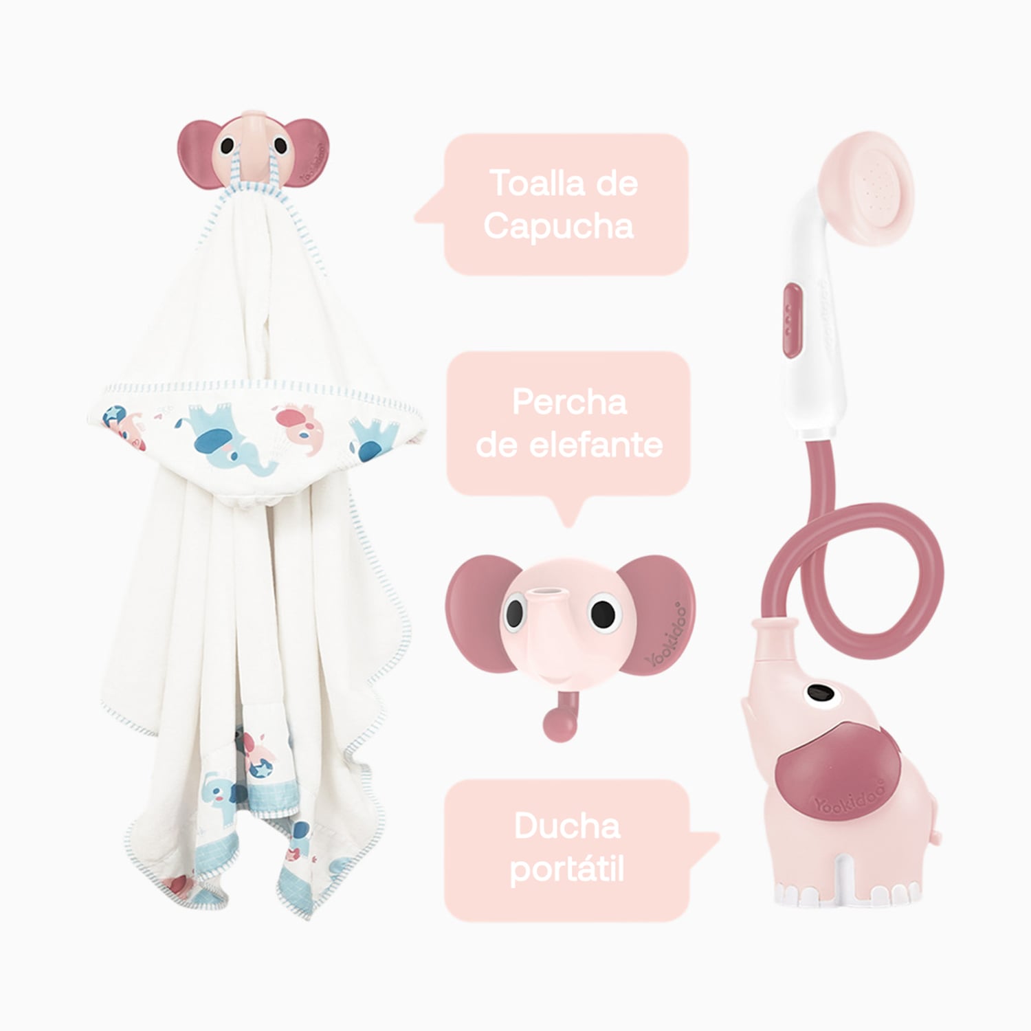 SET DE BAÑO DUCHA ELEFANTE Y TOALLA ROSA YOOKIDOO - 3