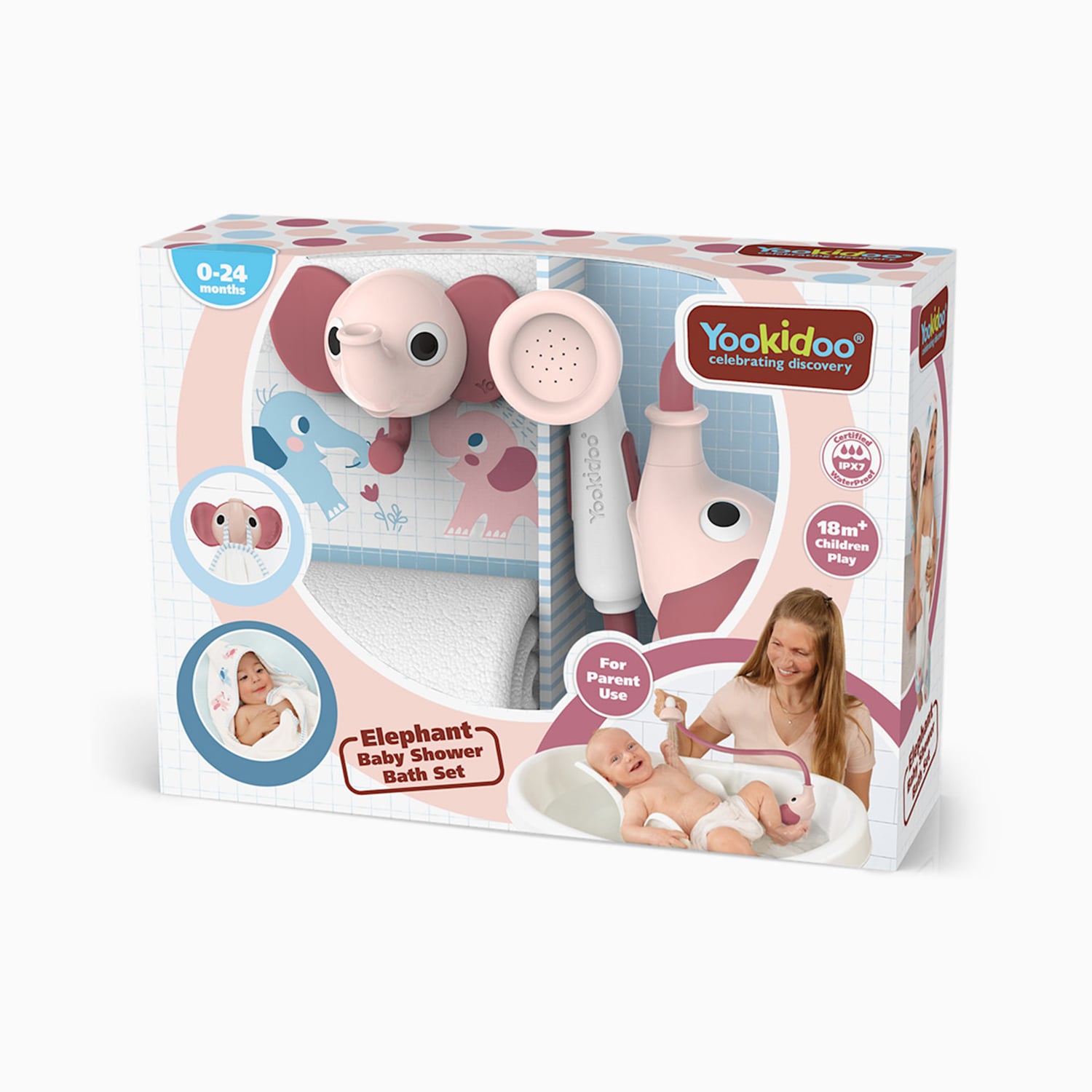 SET DE BAÑO DUCHA ELEFANTE Y TOALLA ROSA YOOKIDOO - 6