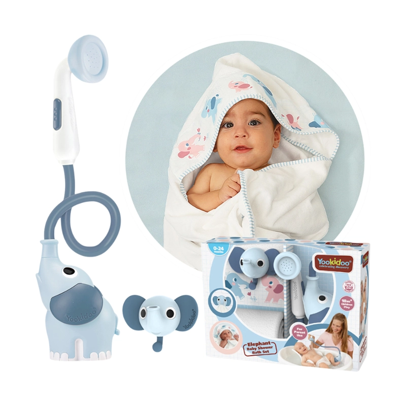 SET DE BAÑO DUCHA ELEFANTE Y TOALLA AZUL YOOKIDOO - 1