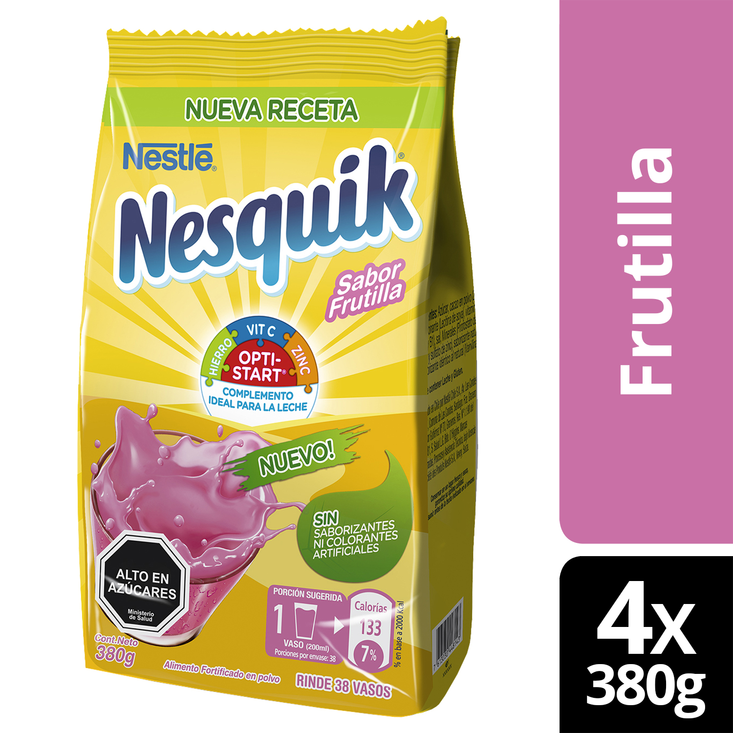 SABORIZANTE PARA LECHE NESQUIK OPTISTAR FRUTILLA 380G X4 BOLSAS - 1
