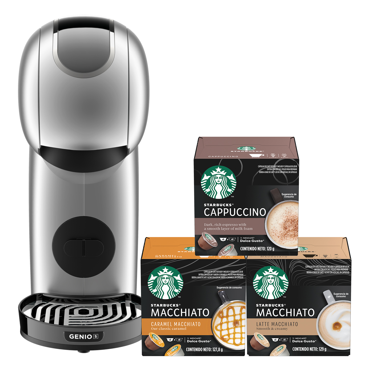 CAFETERA NESCAFÉ DOLCE GUSTO GENIO S TOUCH SILVER + CÁPSULAS DE CAFÉ STARBUCKS LACTEADAS X3 CAJAS