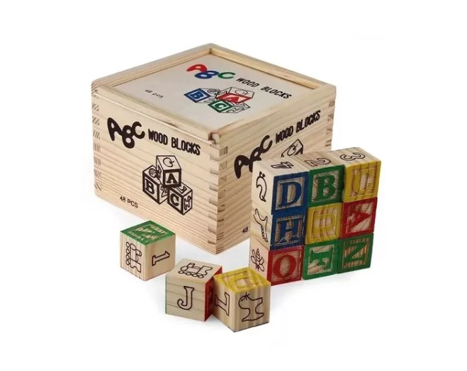 CUBO DE MADERA 48 PIEZAS JUGUETE DIDACTICO LETRAS Y NUMERO - 1