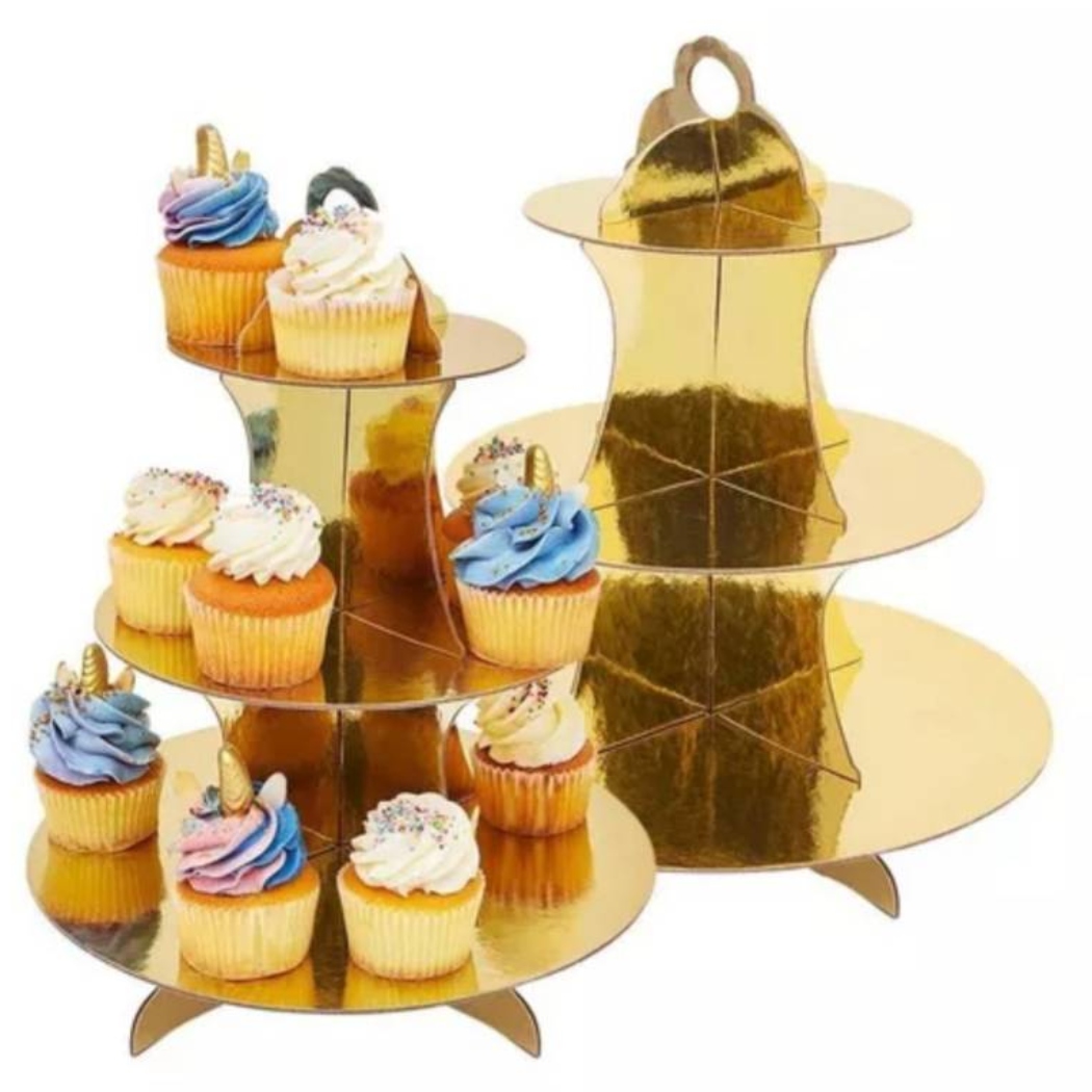 BASE OEM CARTÓN 3 NIVELES CUPCAKE TORTA DORADO - 1