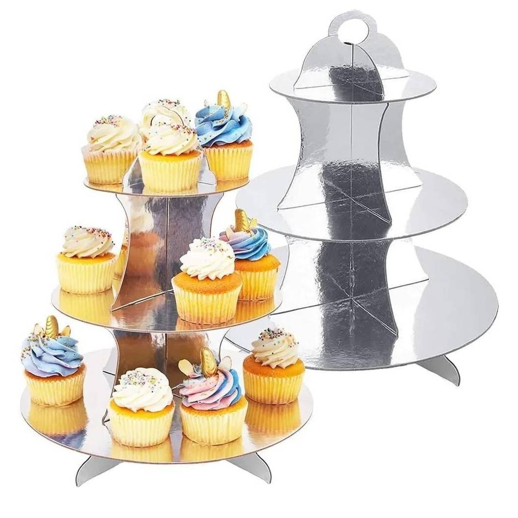BASE OEM CARTÓN 3 NIVELES CUPCAKE TORTA PLATEADO - 1