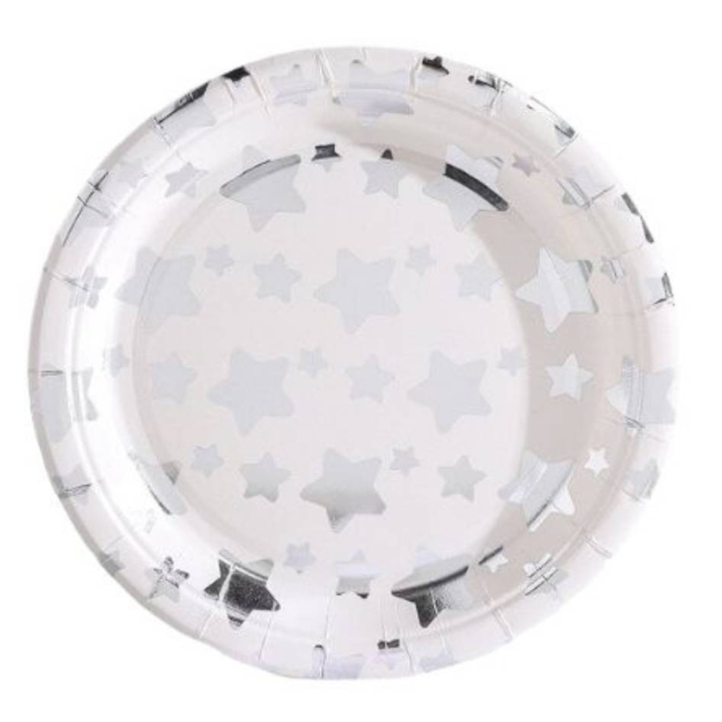 PLATO OEM CARTÓN X 10 UNIDADES CON DISEÑO ESTRELLAS PLATEADAS DESECHABLE - 1