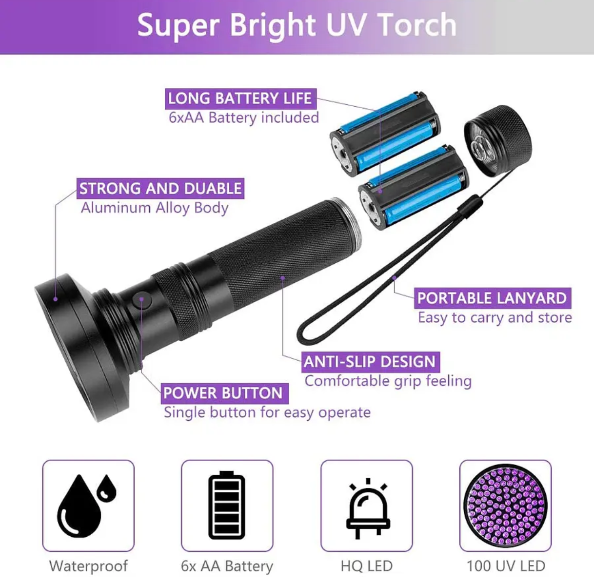 LINTERNA ULTRAVIOLETA 100 LED UV USA PILAS MÚLTIPLES USOS - 3