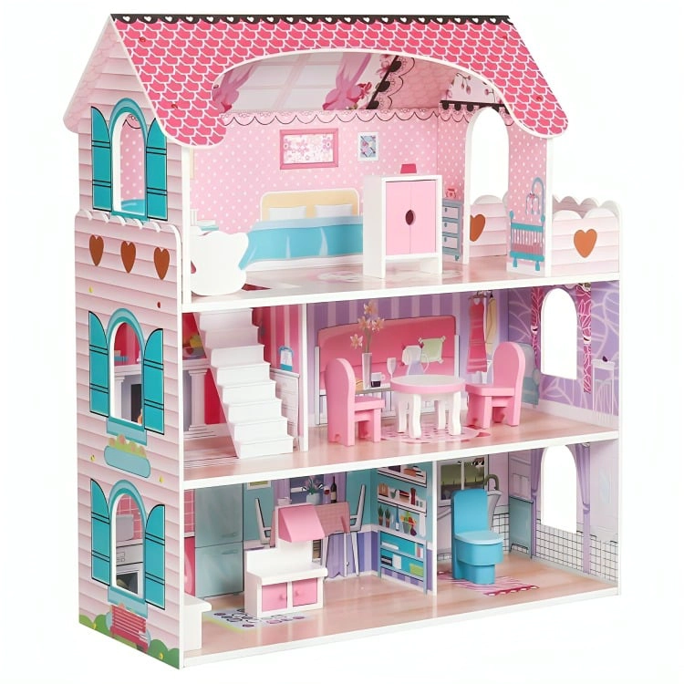 CASA DE MUÑECAS CLASICA DE MADERA ROSADA CON ACCESORIOS - 4
