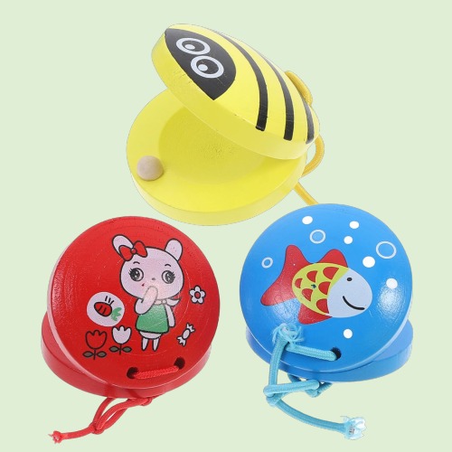 SET 2 JUGUETE MUSICAL MULTICOLOR CASTAÑUELAS MADERA CON DIBUJOS ANIMADO - 3