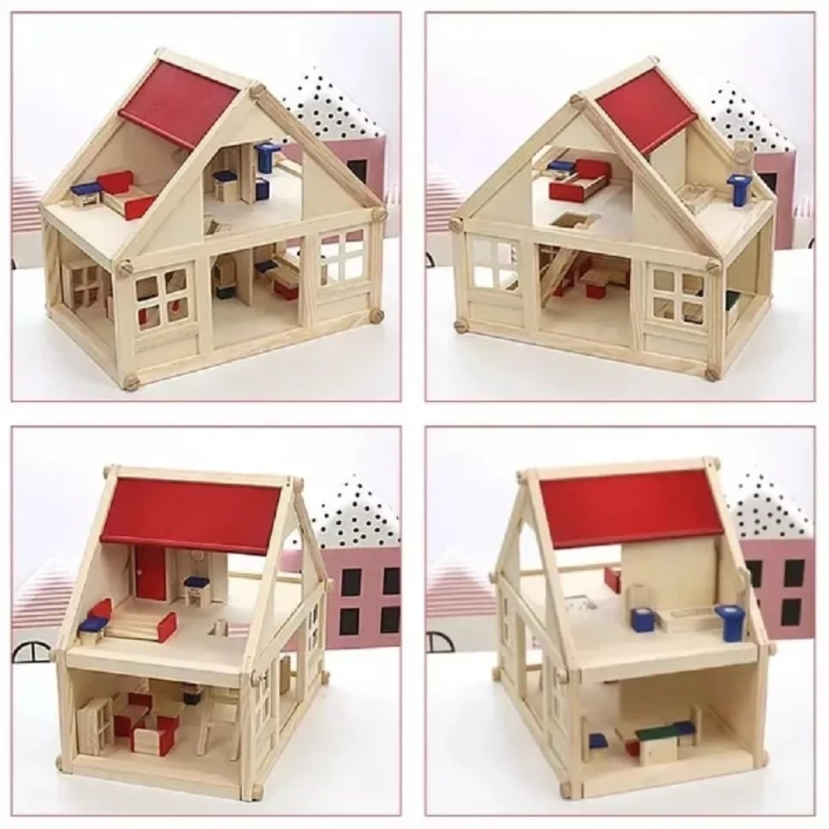 CASA MUÑECAS MULTICOLOR MADERA MUEBLES NIÑAS + SET FAMILIA REAL - 3