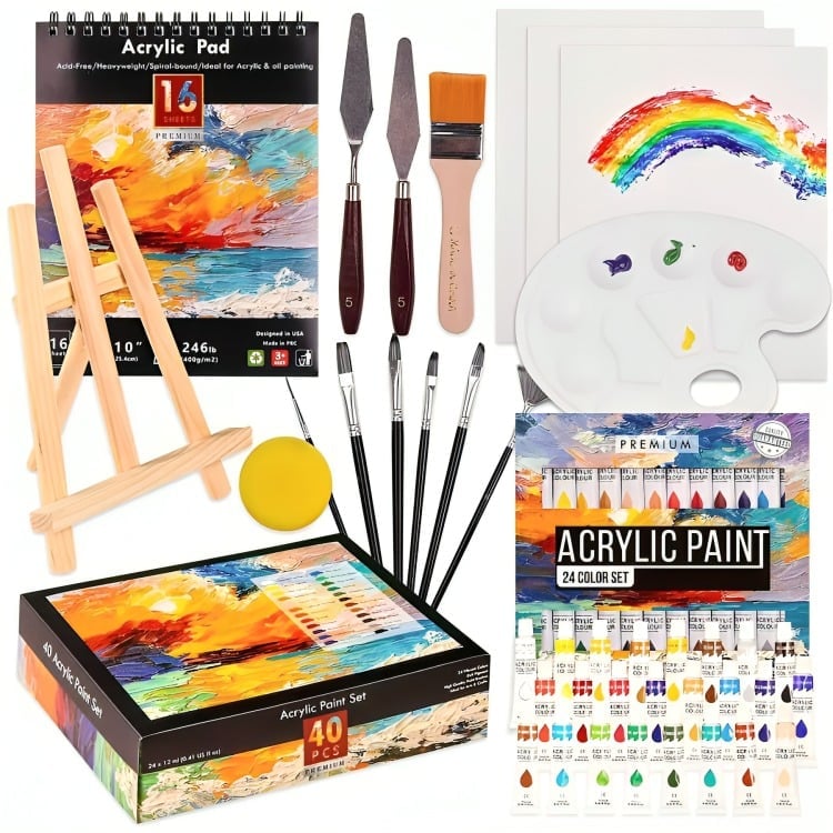 KIT 40PCS LIENZO PINTURA ACRÍLICA BASTIDOR ESPATULAS PINCELES - 1