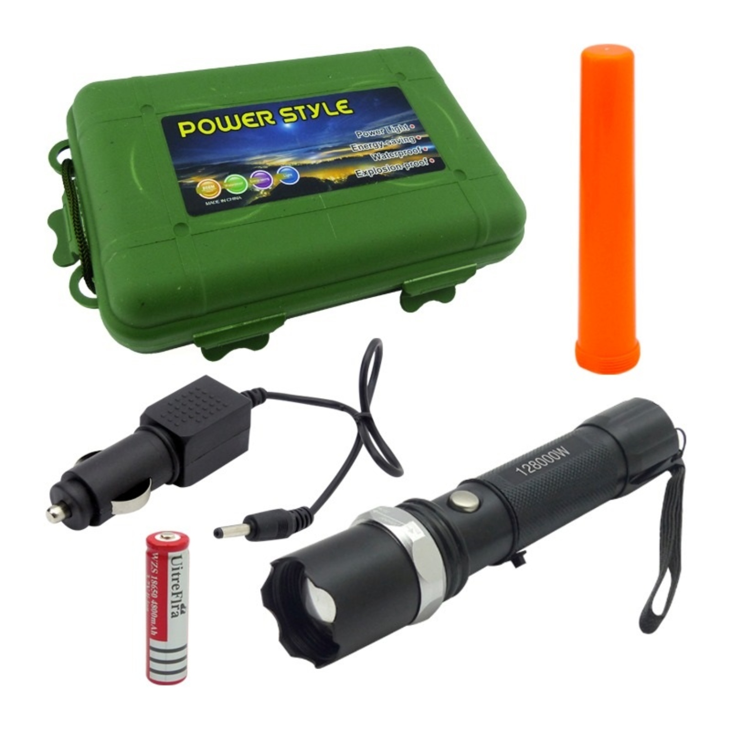 LINTERNA LED TACTICA CAJA PVC VERDE CON ZOOM Y CARGADOR 12V Y PILAS - 2