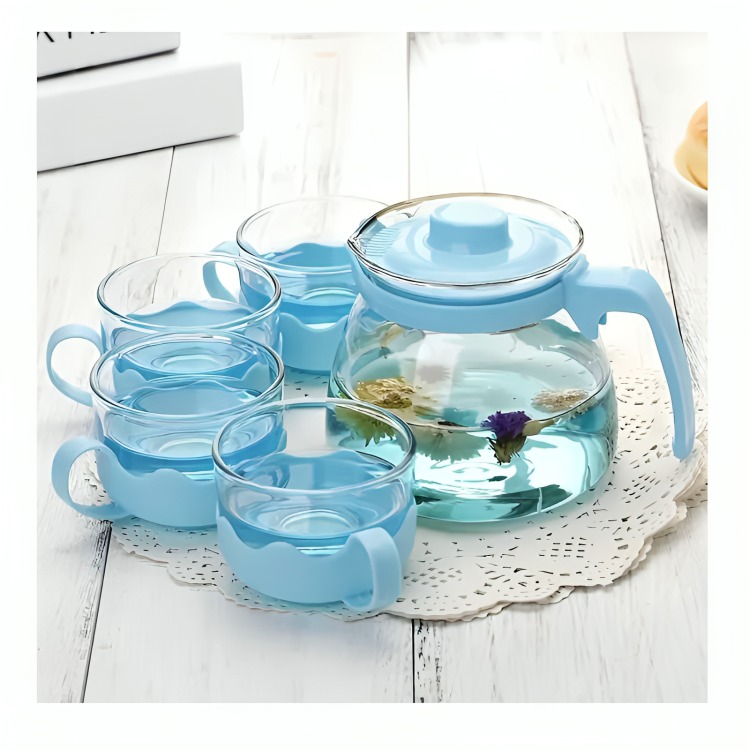 TETERA DE VIDRIO CON SET 4 TAZAS ROSADO - 2