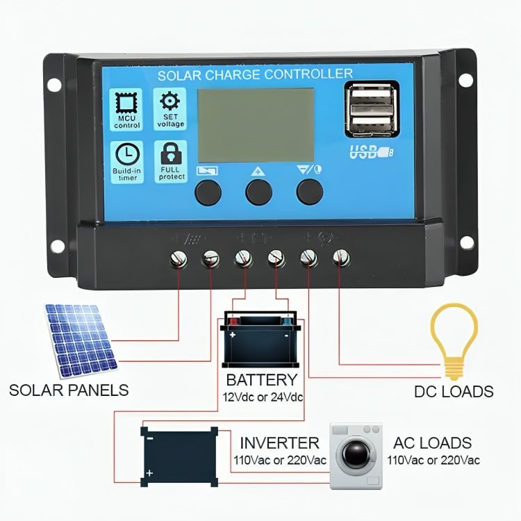 REGULADOR DE CARGA SOLAR DIGITAL 12V 24V 60A 2USB - 4