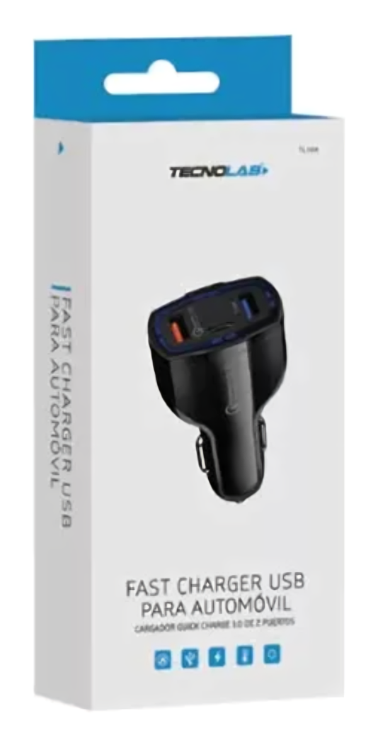 CARGADOR RÁPIDO AUTO 2 PUERTOS USB 1 PD QC 3.0 TECNOLAB - 2