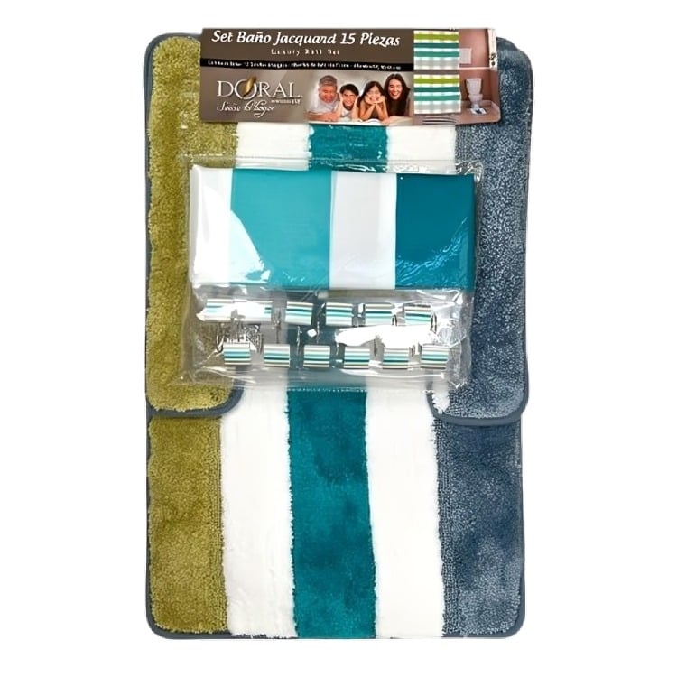 SET DE BAÑO 15PCS FRANJAS PETRÓLEO VERDE AZUL – DORAL - 2