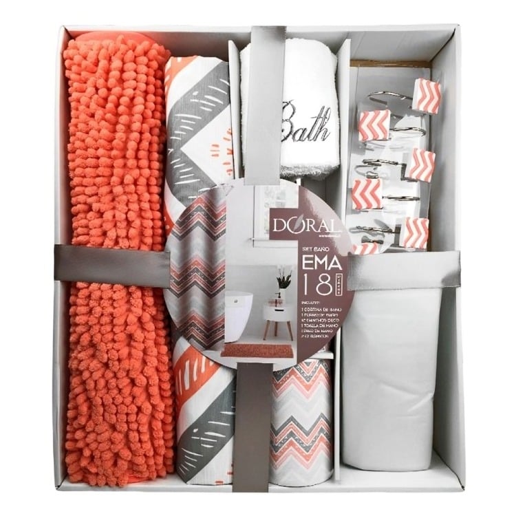 SET DE BAÑO EMA 18 PIEZAS CORAL LINEAS DIAGONALES DORAL - 2