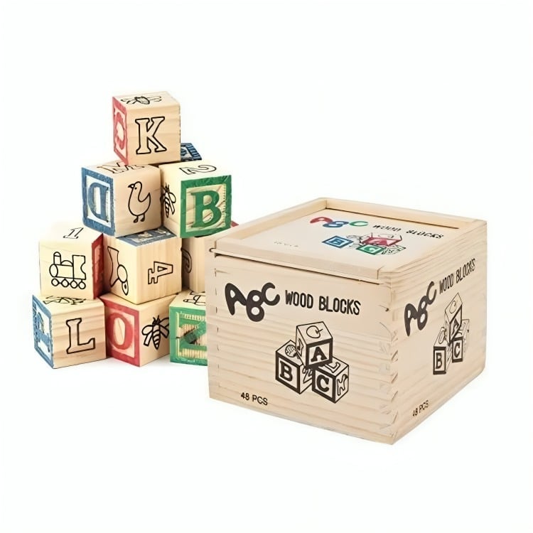 CUBO 48 PIEZAS MADERA LETRAS NÚMEROS - 1