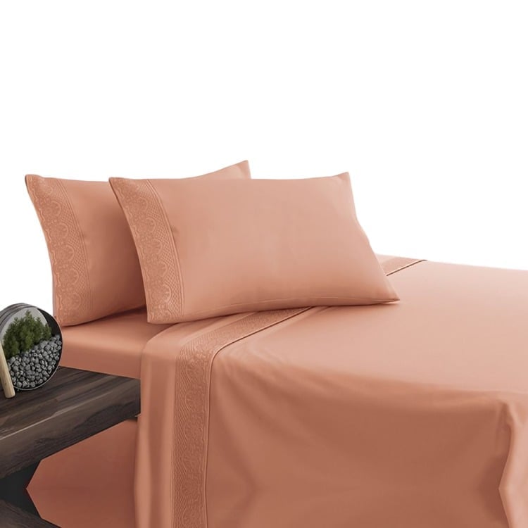 SÁBANAS MICROFIBRA BRODERIE SANTORINI 2 PLAZAS CORAL - 1