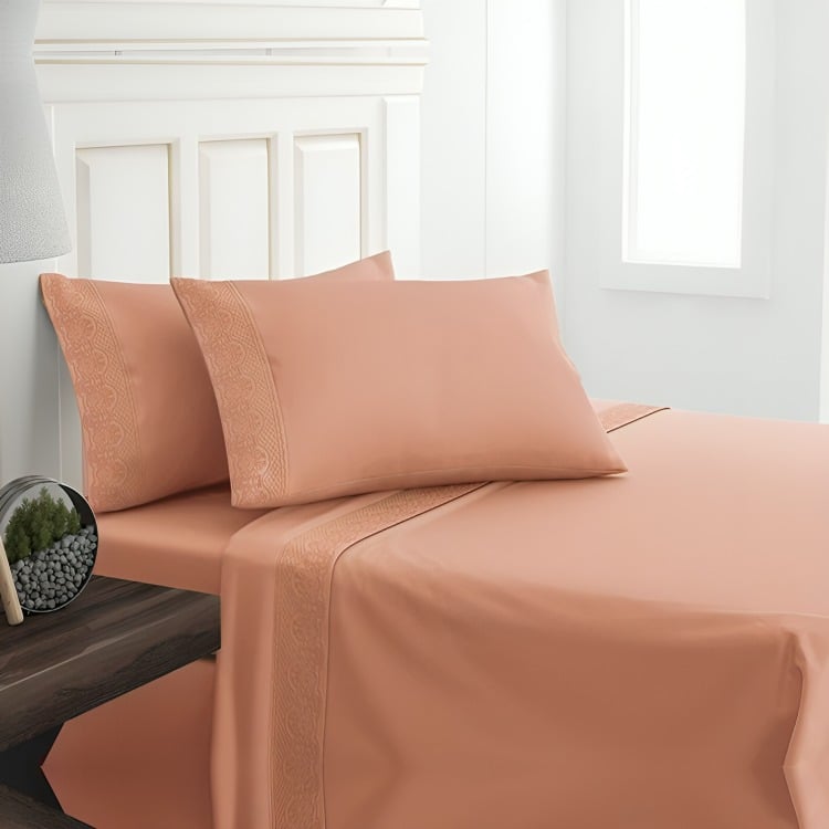 SÁBANAS MICROFIBRA BRODERIE SANTORINI 2 PLAZAS CORAL - 2