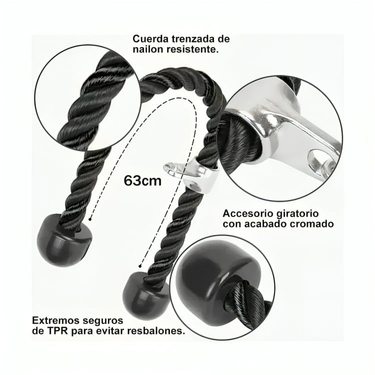 CUERDA SOGA PARA TRICEPS, BICEPS POLEA MANCUERNAS FITNESS - 3