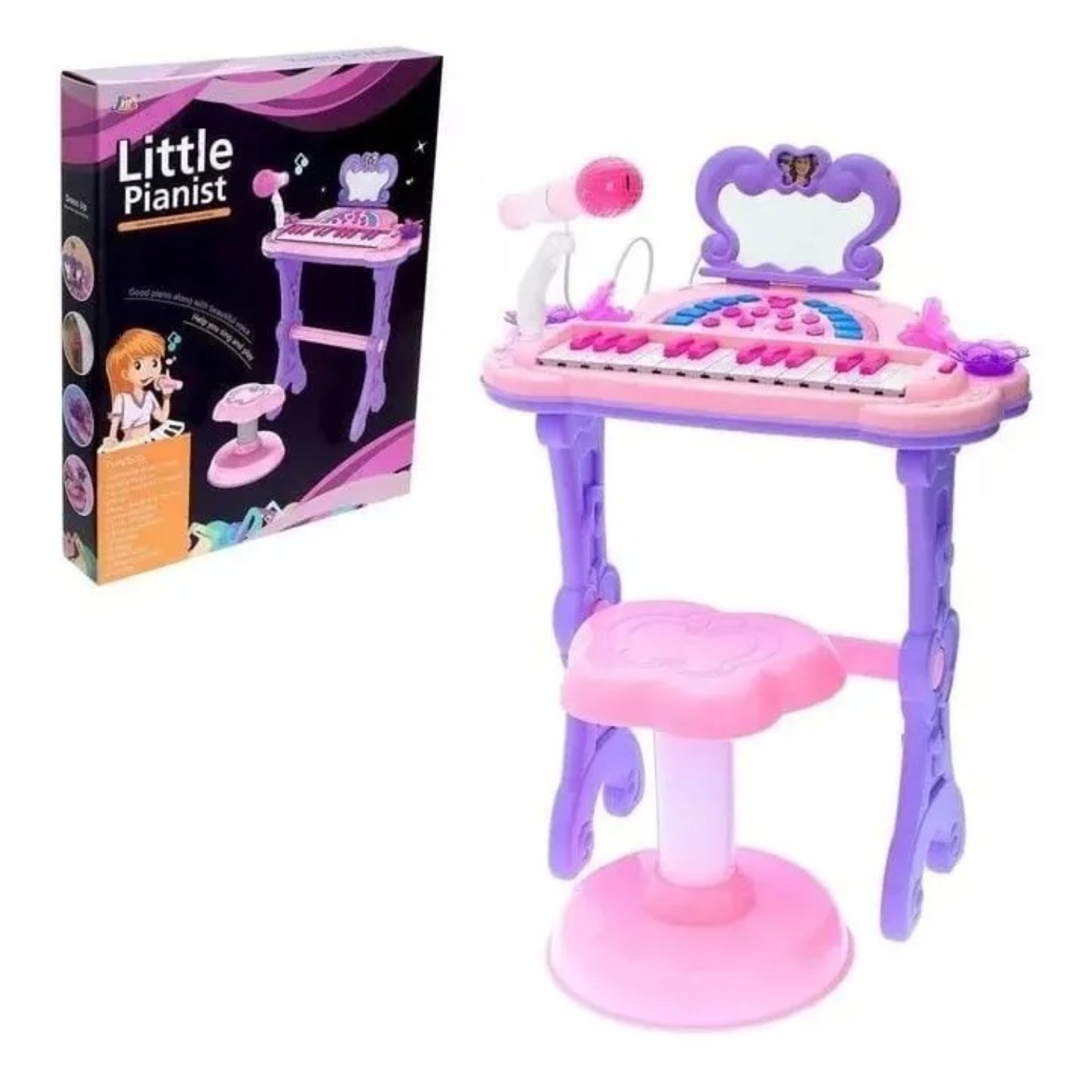 PIANO TOCADOR INFANTIL CON MICROFONO ESPEJO Y SILLA NIÑAS - 6