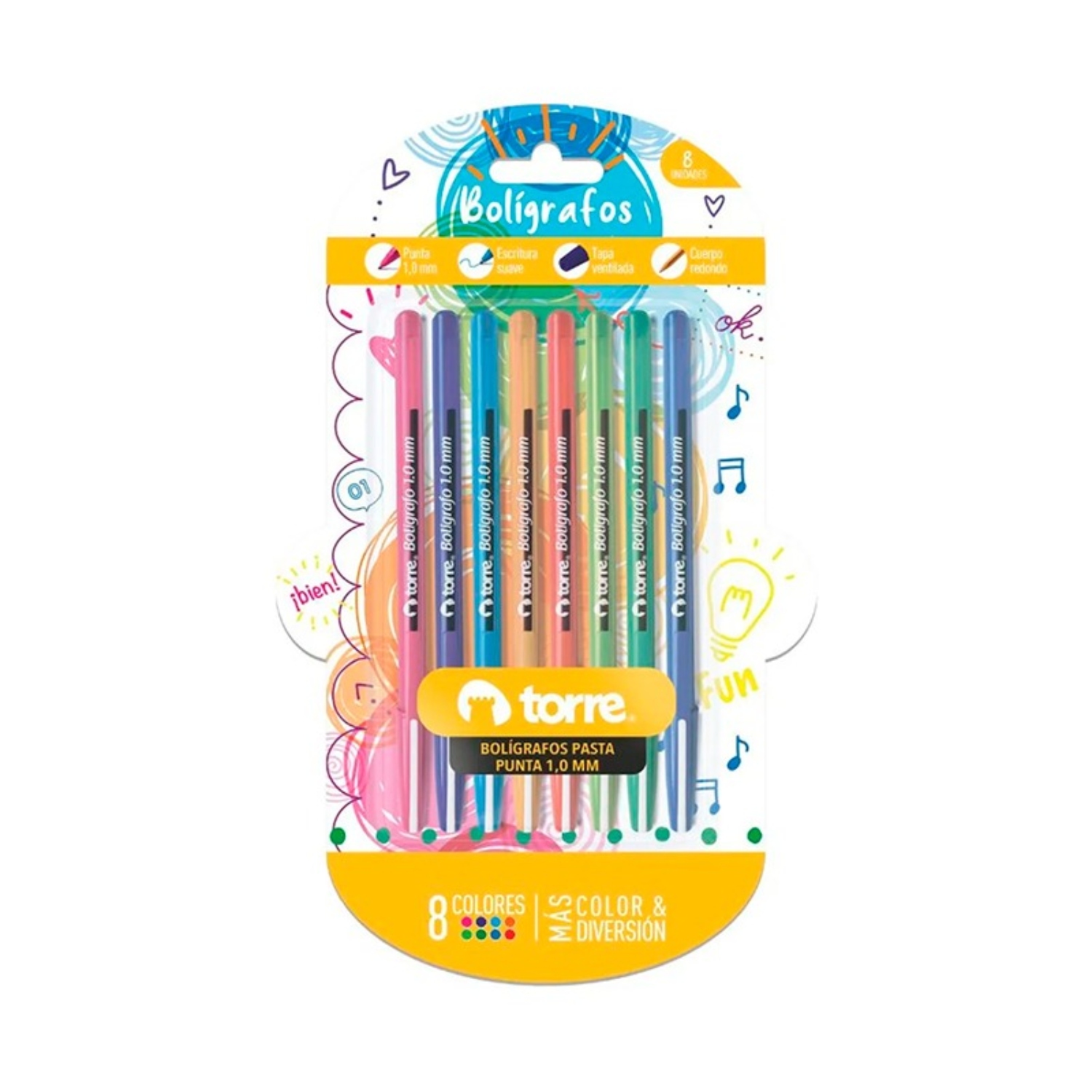 SET 8 BOLIGRAFOS 1.0MM COLOR FUN BLISTER – TORRE - 1