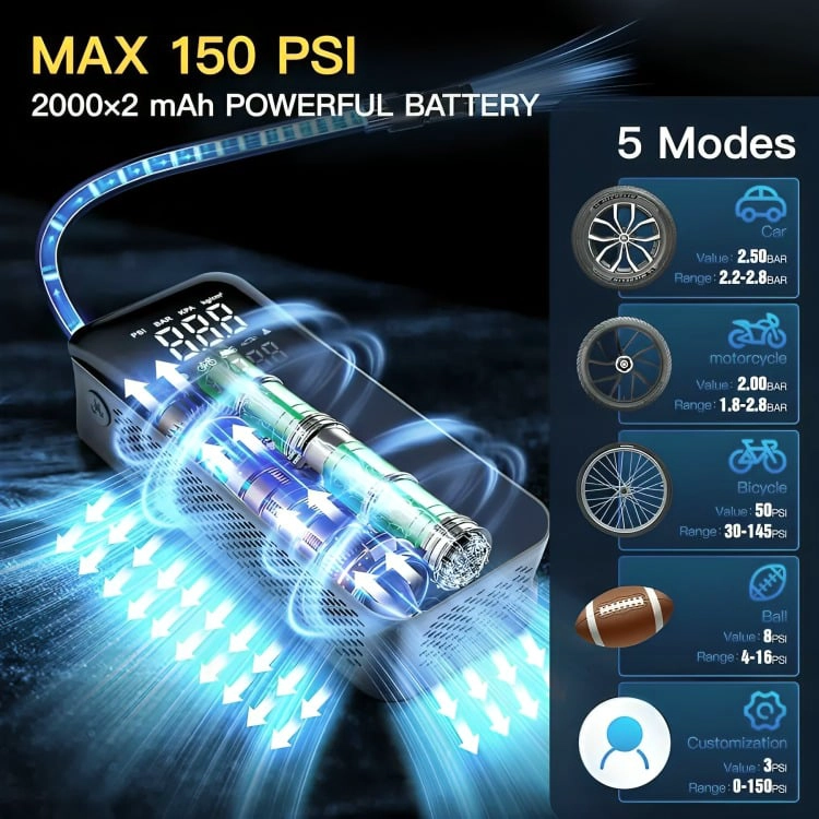 COMPRESOR AIRE 150PSI AUTO MOTO BICICLETA POWER BANK 2600MAH - 4