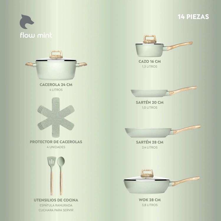 BATERIA COCINA 14 PZS ALUMINIO FORJADO ANTIADHERENTE FLOW VERDE - 2
