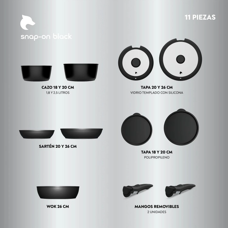 BATERIA DE COCINA 11 PIEZAS ALUMINIO FORJADO SNAP-ON BLACK - 2