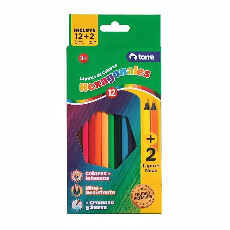 PACK 3 LAPICES DE COLORES HEXAGONALES 12 UNIDADES + 2 NEON – TORRE - 1