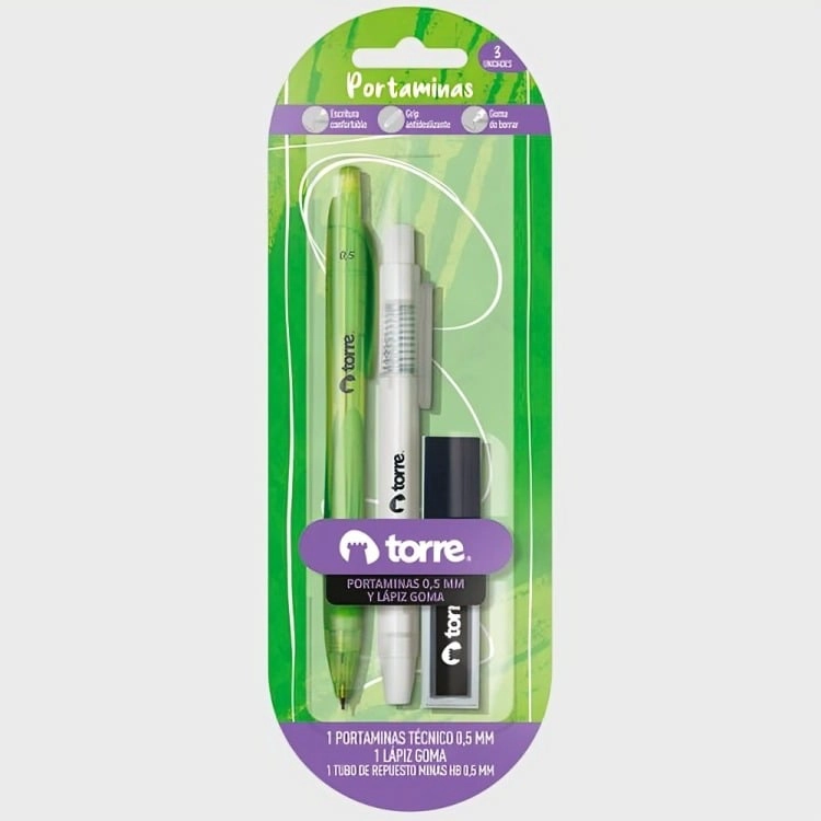 PORTAMINAS PLASTICO + MINAS 0.5 MM + LAPIZ GOMA – TORRE - 2