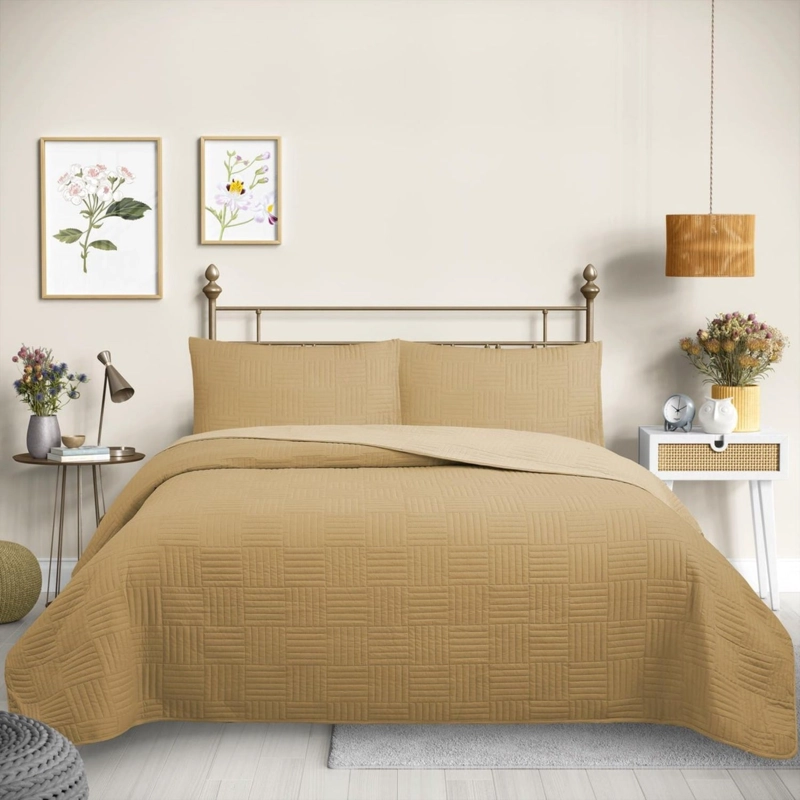 CUBRECAMA QUILT REVERSIBLE 2 PLAZAS COLOR AMARILLO TRAMA COLLECTION - 1