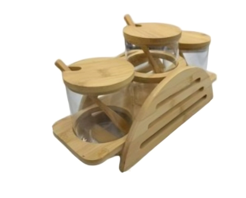 CONDIMENTERO CON FRASCOS DE VIDRIO, CUCHARAS Y SOPORTE DE MADERA SET COCINA - 1