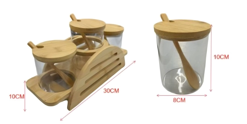 CONDIMENTERO CON FRASCOS DE VIDRIO, CUCHARAS Y SOPORTE DE MADERA SET COCINA - 3