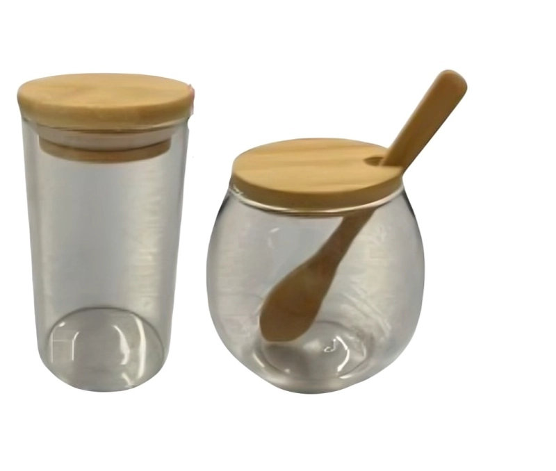 SET CONDIMENTERO DE VIDRIO CON BASE DE MADERA Y CUCHARAS - 1