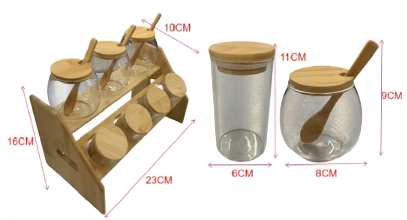 SET CONDIMENTERO DE VIDRIO CON BASE DE MADERA Y CUCHARAS - 3