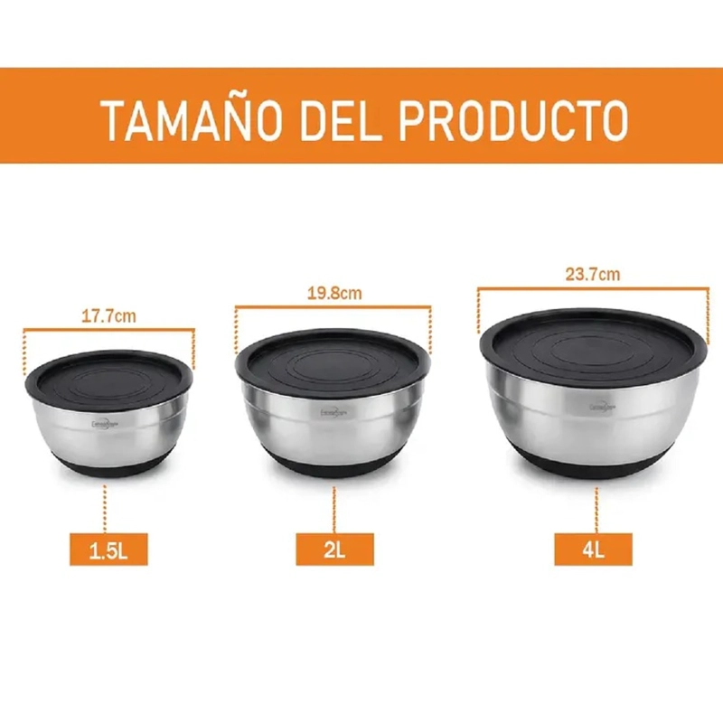3 BOWLS CON TAPA ACERO INOXIDABLE Y BASE ANTIDESLIZANTE - 1