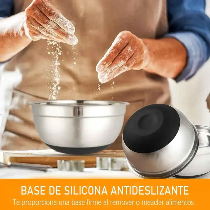 3 BOWLS CON TAPA ACERO INOXIDABLE Y BASE ANTIDESLIZANTE - 3