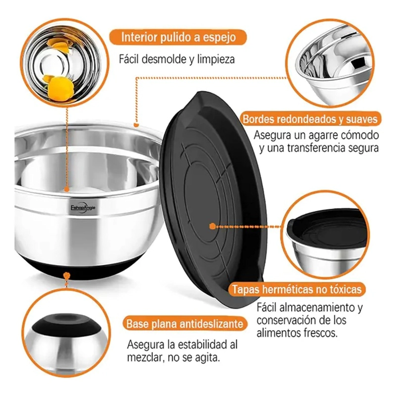 3 BOWLS CON TAPA ACERO INOXIDABLE Y BASE ANTIDESLIZANTE - 4