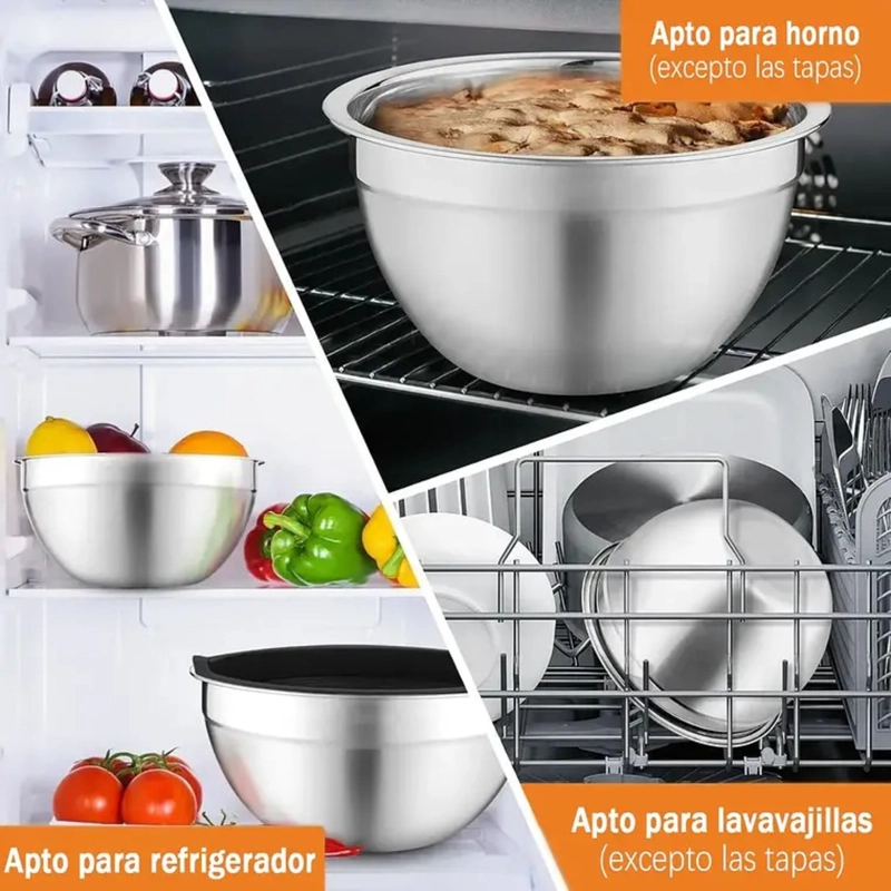 3 BOWLS CON TAPA ACERO INOXIDABLE Y BASE ANTIDESLIZANTE - 5