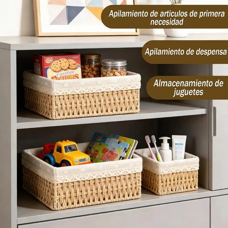 3 CESTAS CANASTA DE ALMACENAMIENTO ORGANIZADOR DE MIMBRE - 2